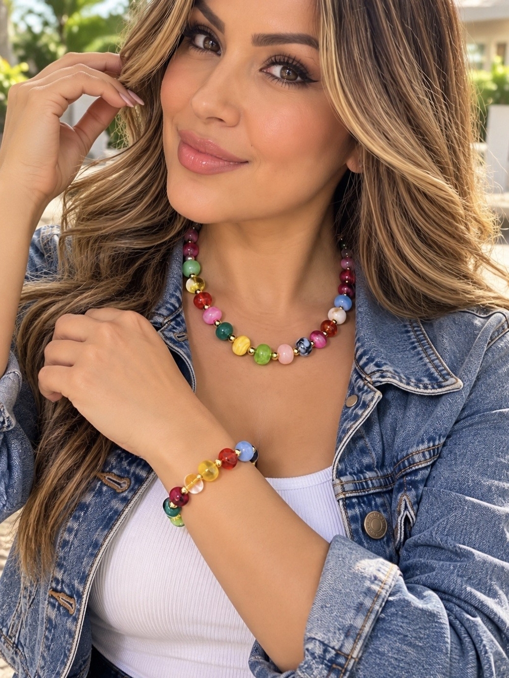 Gold Plated Colorful Bead Necklace and Bracelet Set - Multicolor